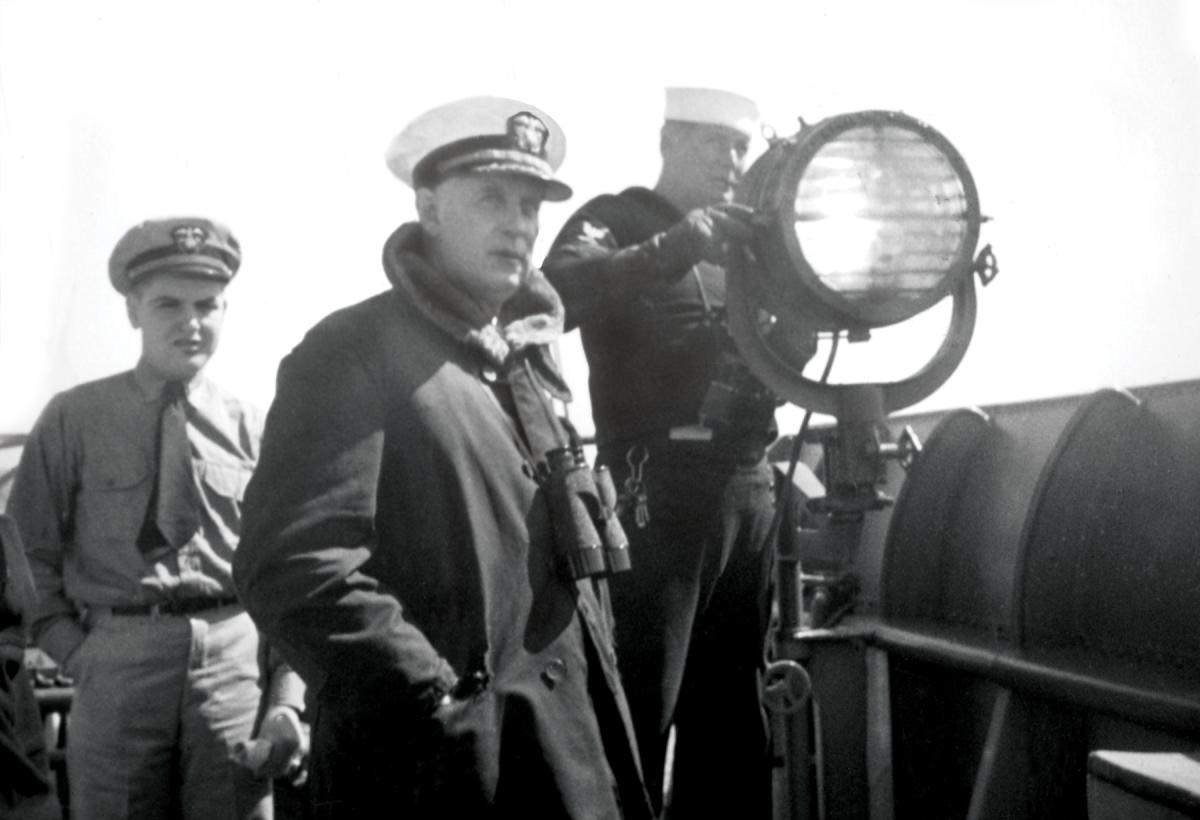 Commander John B. Heffernan on board the destroyer USS Buck.