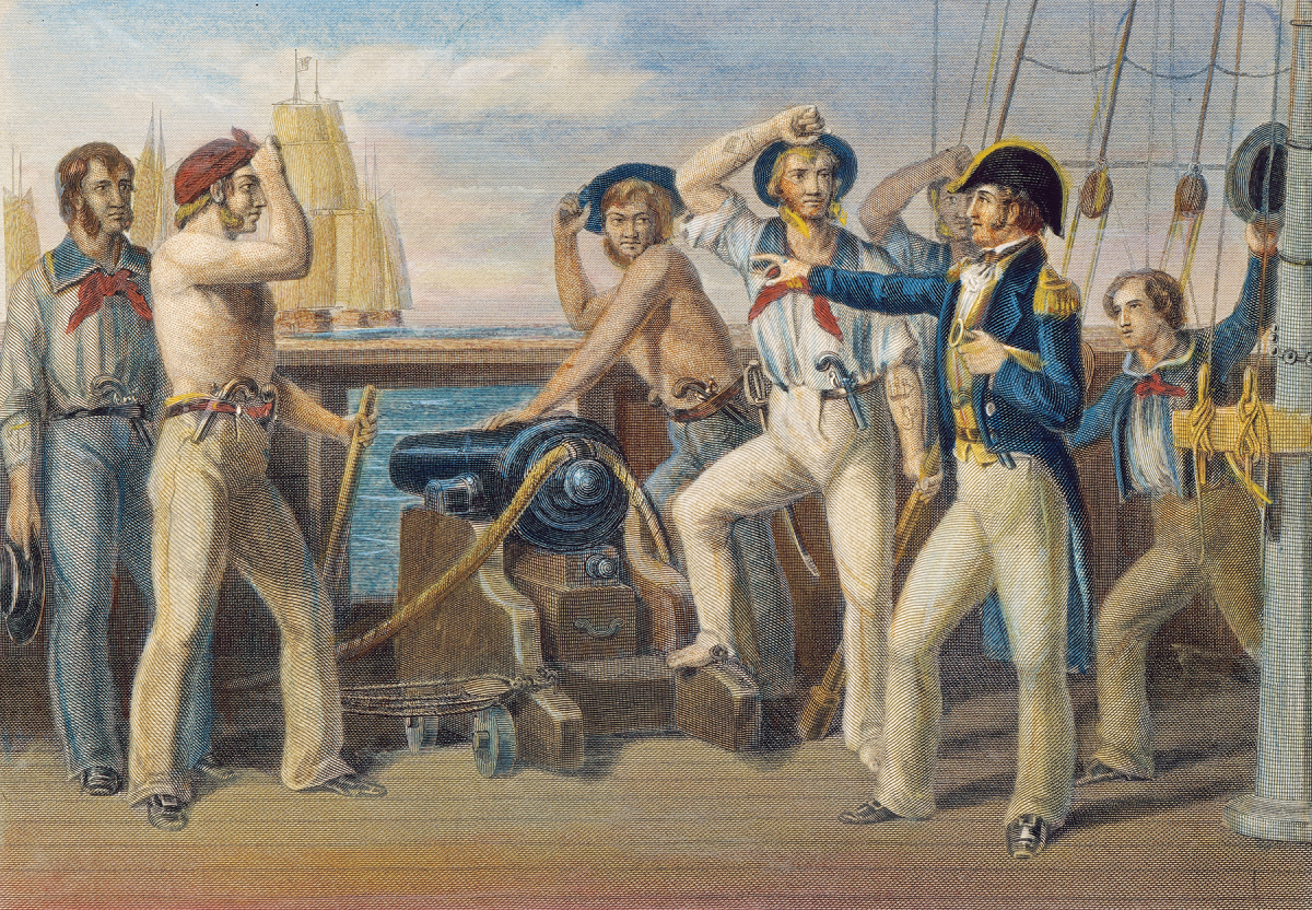 Engraving of a gun crew saluting Oliver Hazard Perry