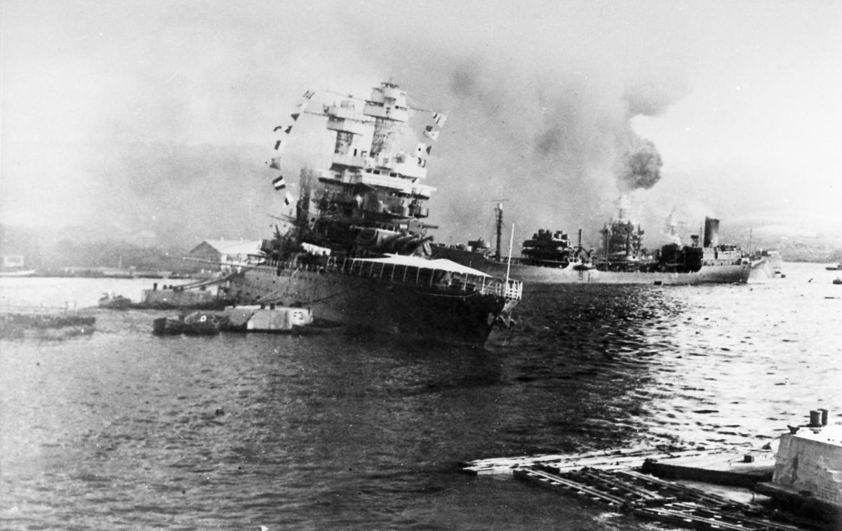 USS California and USS Neosho under attack at Pearl Harbor, 7 December 1941