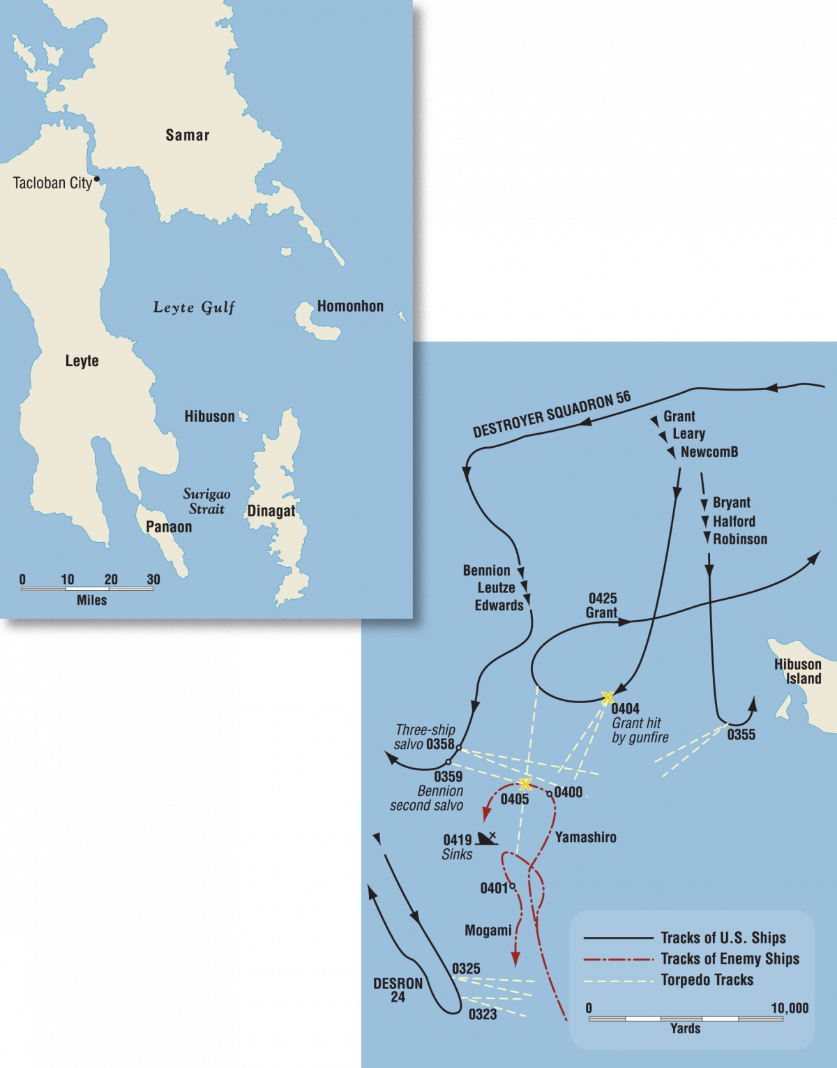 Map of the Battle of Surigao Strait showing the Bennion’s Second Salvo