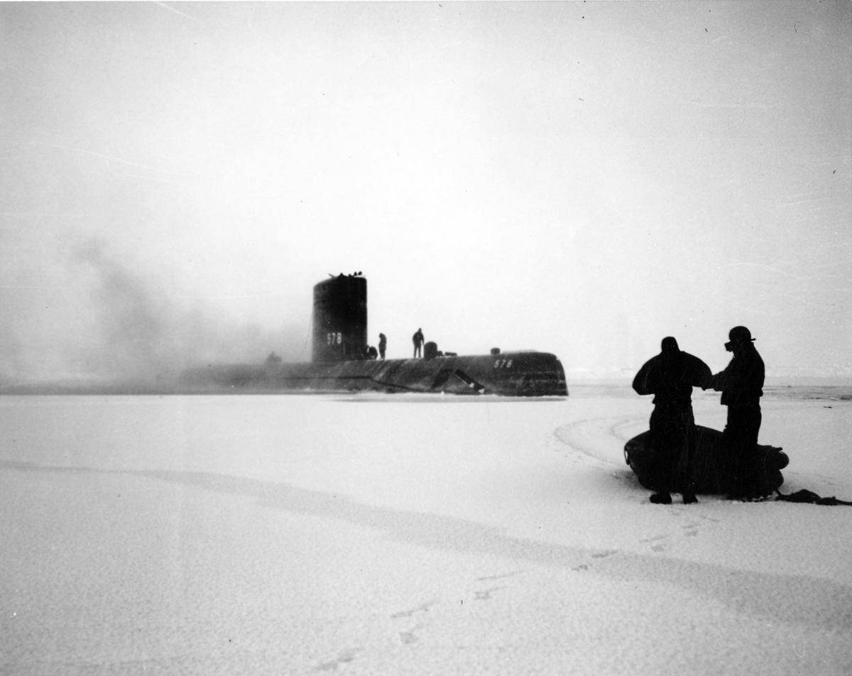 Survey party leaving the USS Skate (SSN-578) to explore the polar ice pack, March 1959