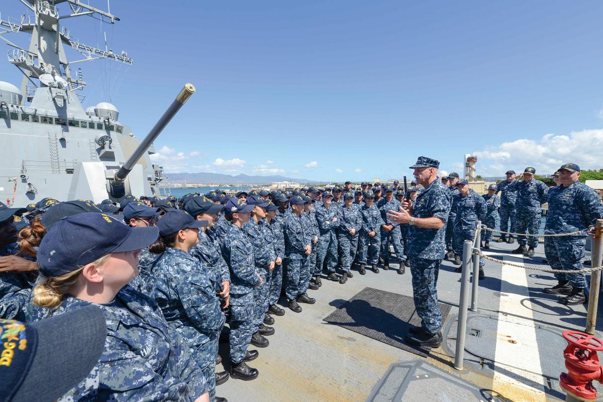 Adm. Scott Swift, commander of U.S. Pacific Fleet, speaks to Sailors assigned to the Pacific Surface Action Group (SAG) during an all-hands call aboard USS Momsen (DDG-92)