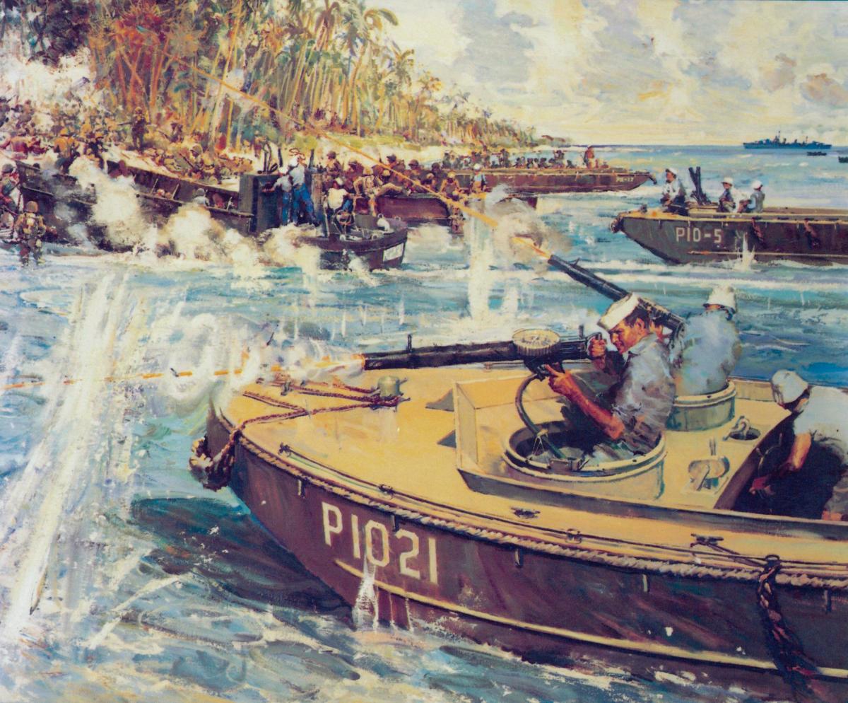 Off Guadalcanal, Signalman First Class Douglas Munro, USCG, provides covering fire for the evacuation of a detachment of Marines in a painting by Bernard D’Andrea.