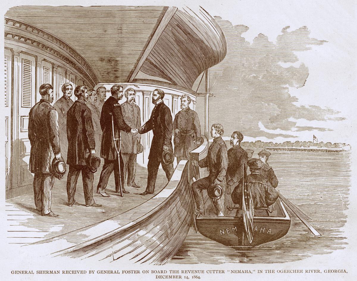 Engraving of Major General John Foster’s meeting with Major General William Tecumseh Sherman aboard the The cutter Nemaha in December 1864
