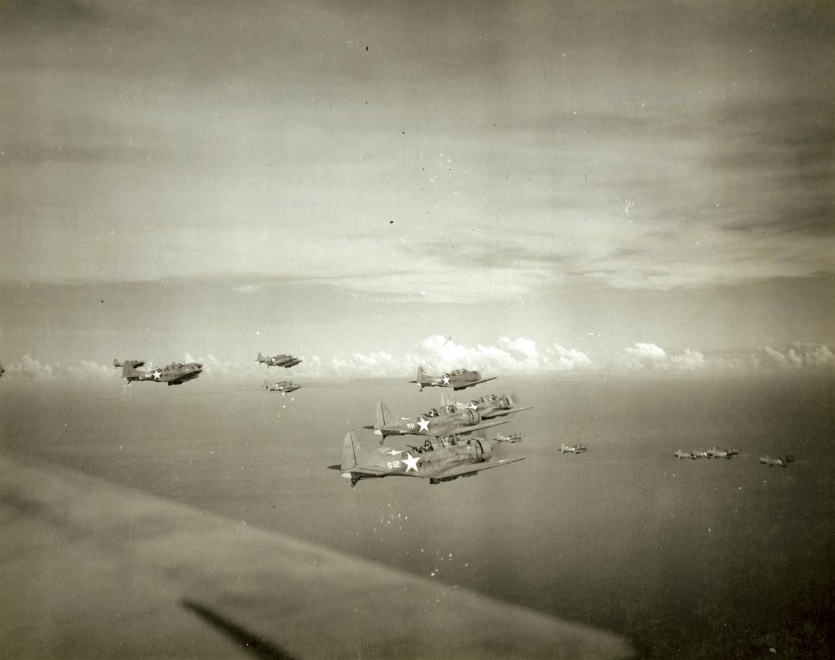 SBD Dauntless dive bombers of CVG-11 en route to a Solomons target