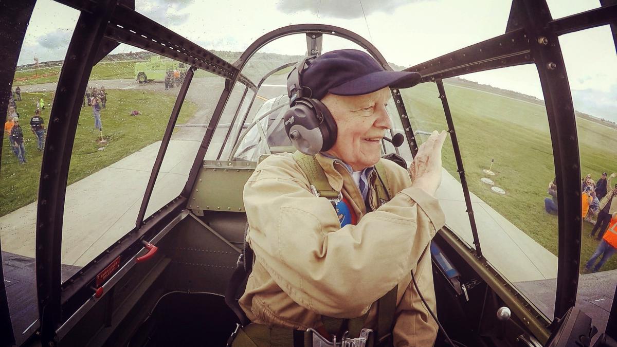 Vergil Bloomquist in the cockpit of a TBM Avenger