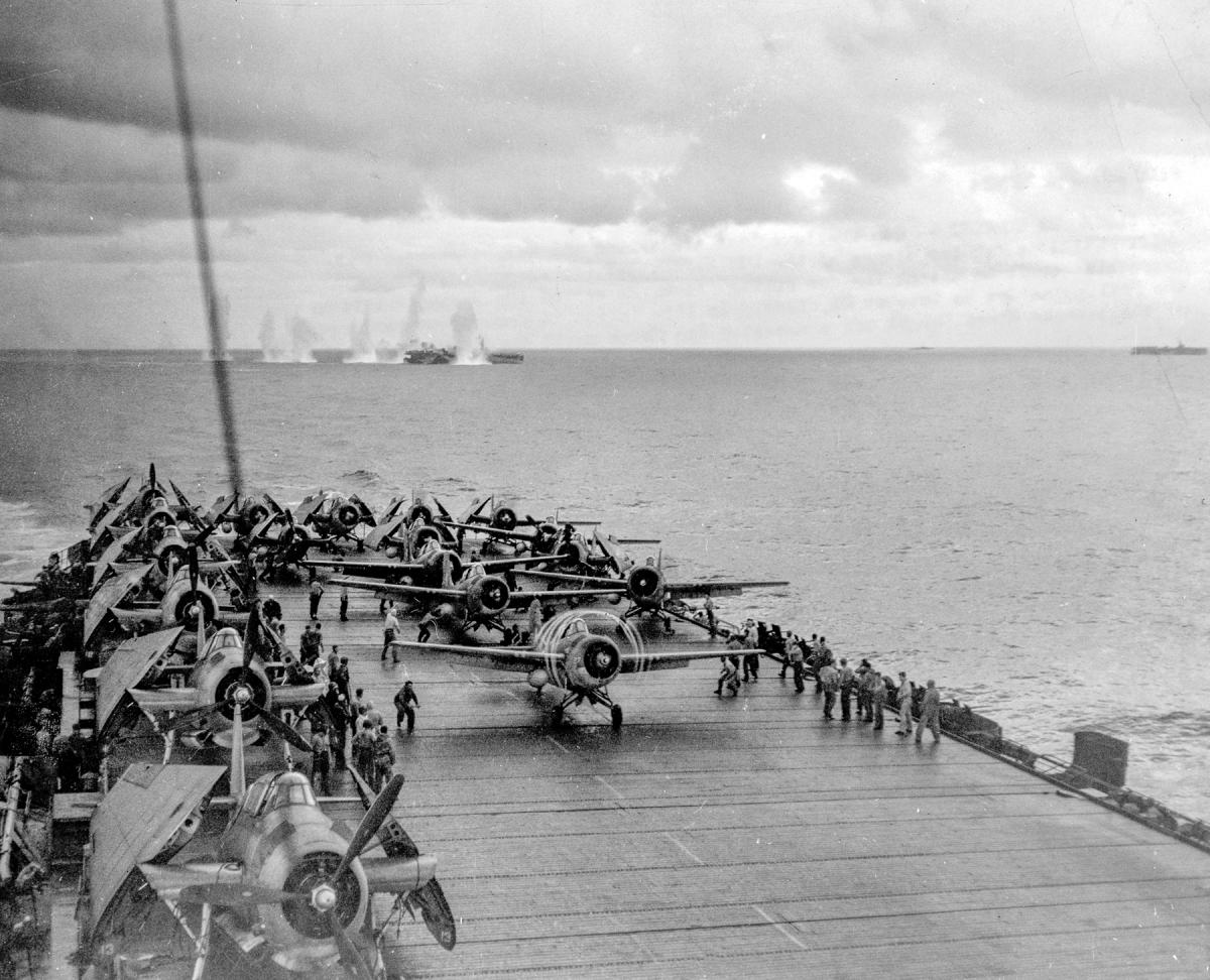 Wildcats take off from the Kitkun Bay (CVE-71) on 25 October 1944
