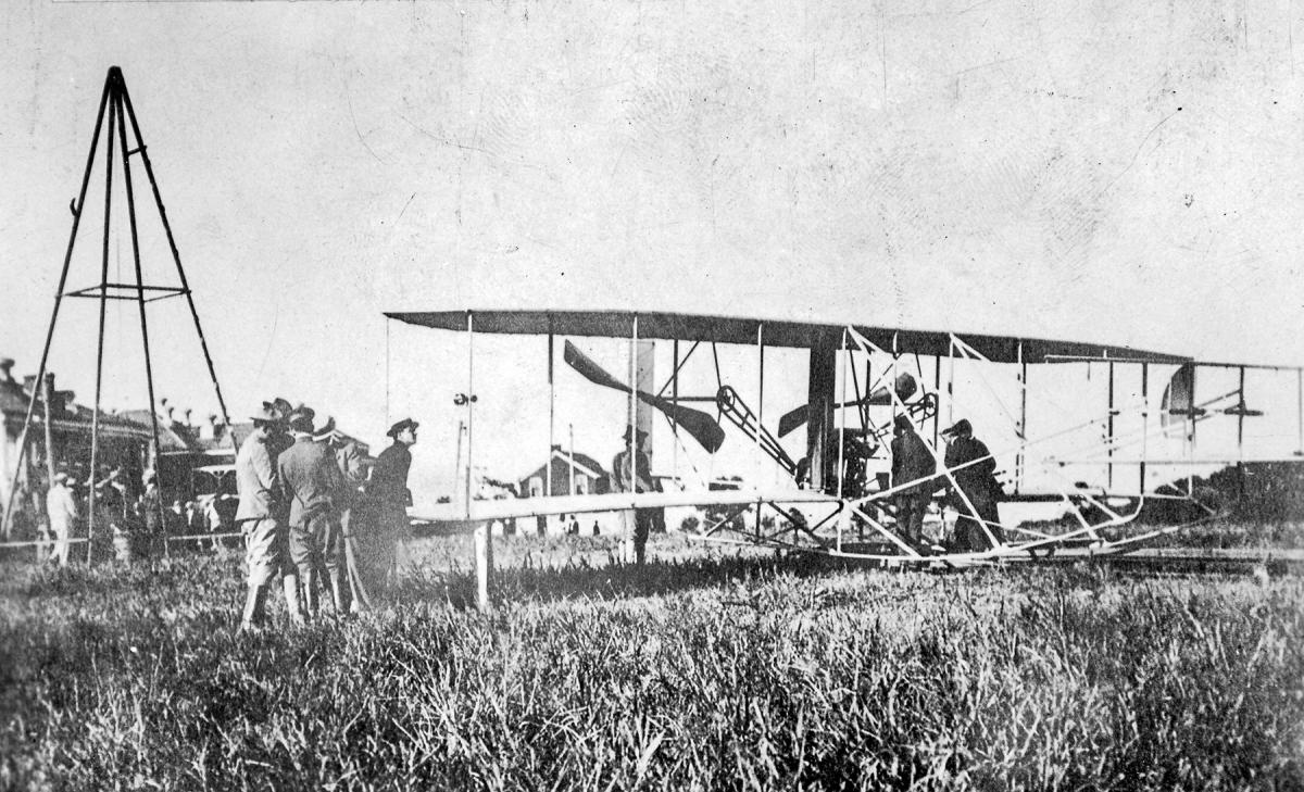 Trials of Wright Brothers catapult with Wright Flyer at Fort Myer, Viriginia, in 1908