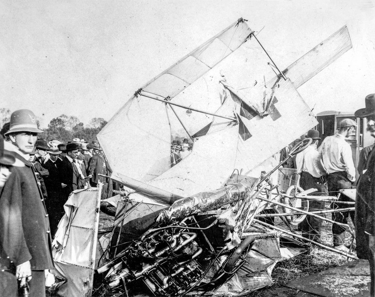 A close-up of the wreckage of Eugene B. Ely's plane in which he was killed.