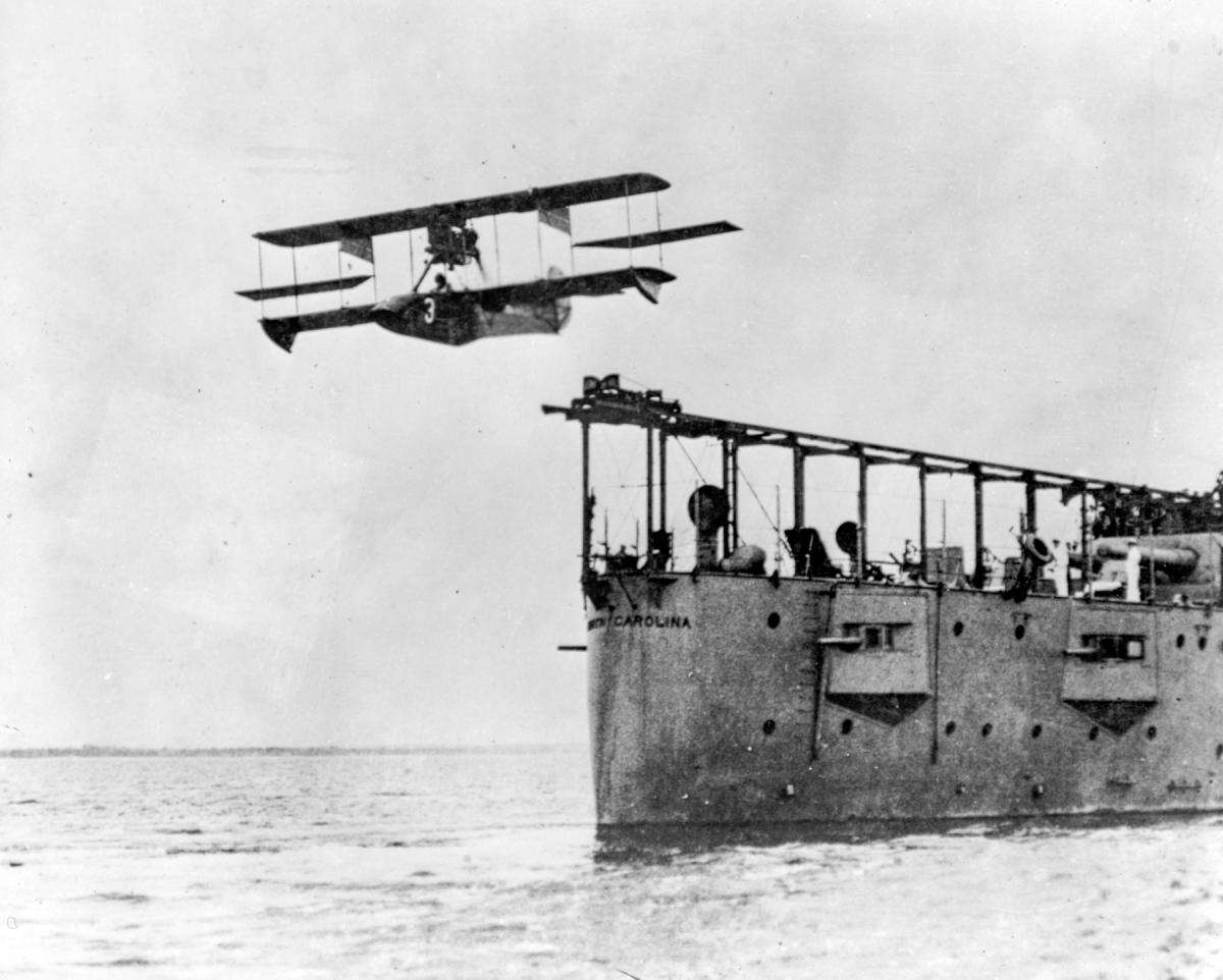 AB-3 flying boat leaving catapult of U.S.S. North Carolina, July 10, 1916