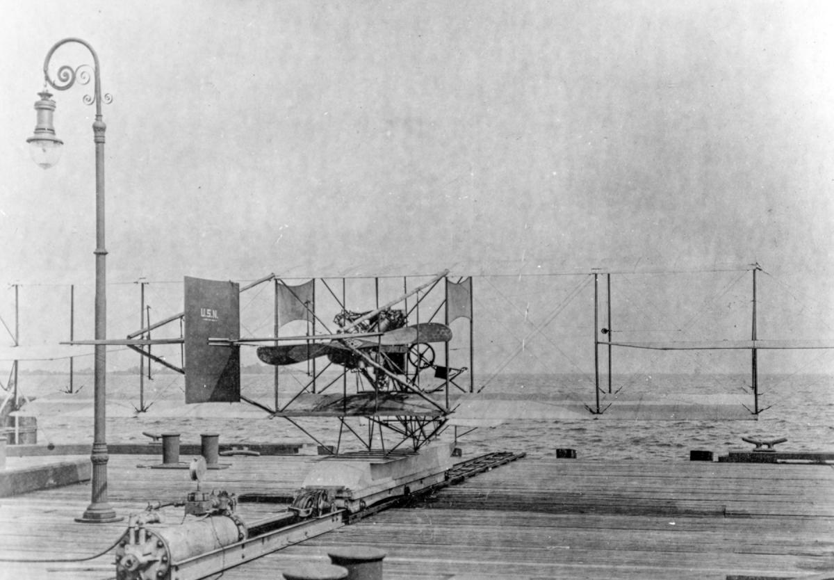 Rear view of first Naval Catapult with Curtiss Pusher at Annapolis, 1912