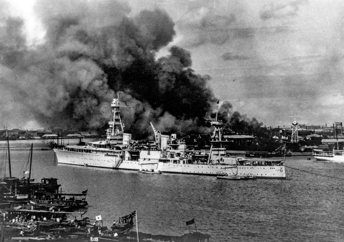 Port broadside view of USS Augusta (CA-31) off Pootung Point, Shanghai, China, during the Sino-Japanese hostilities there.