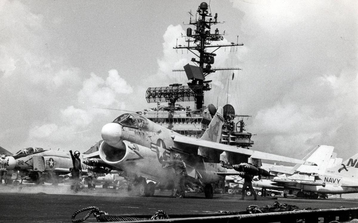An Attack Squadron 146 (VA-146) A-7E Corsair II is ready for launching from USS Constellation (CVA-64)