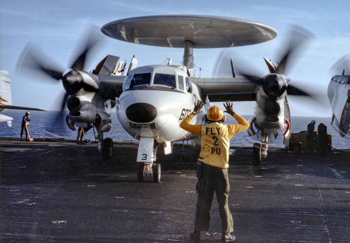 E-2C Hawkeye preparing to launch for Operation Praying Mantis