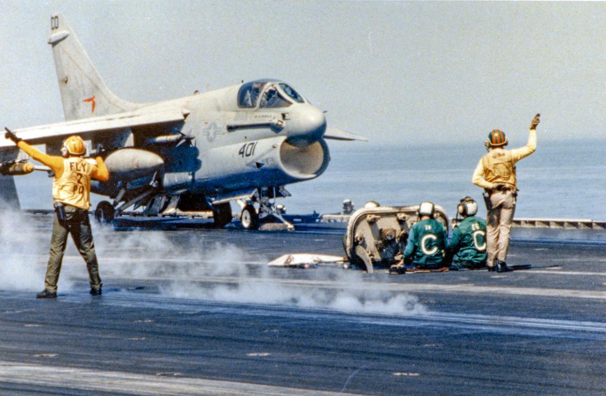 A-7 Corsair II preparing to launch to take part in Operation Praying Mantis