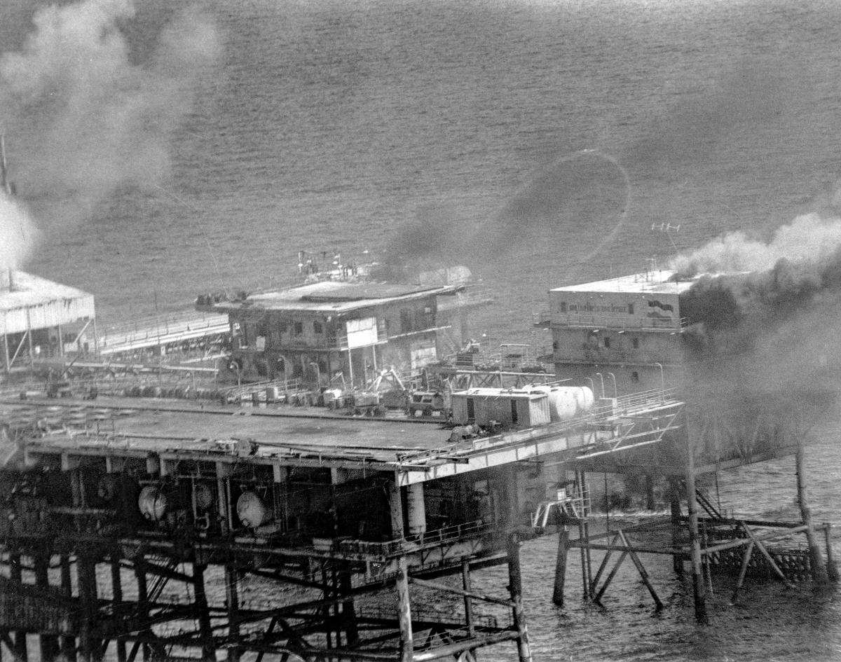 Iranian Sassan platform during activities by U.S. Marine and Navy personnel, Persian Gulf, 18 April 1988.