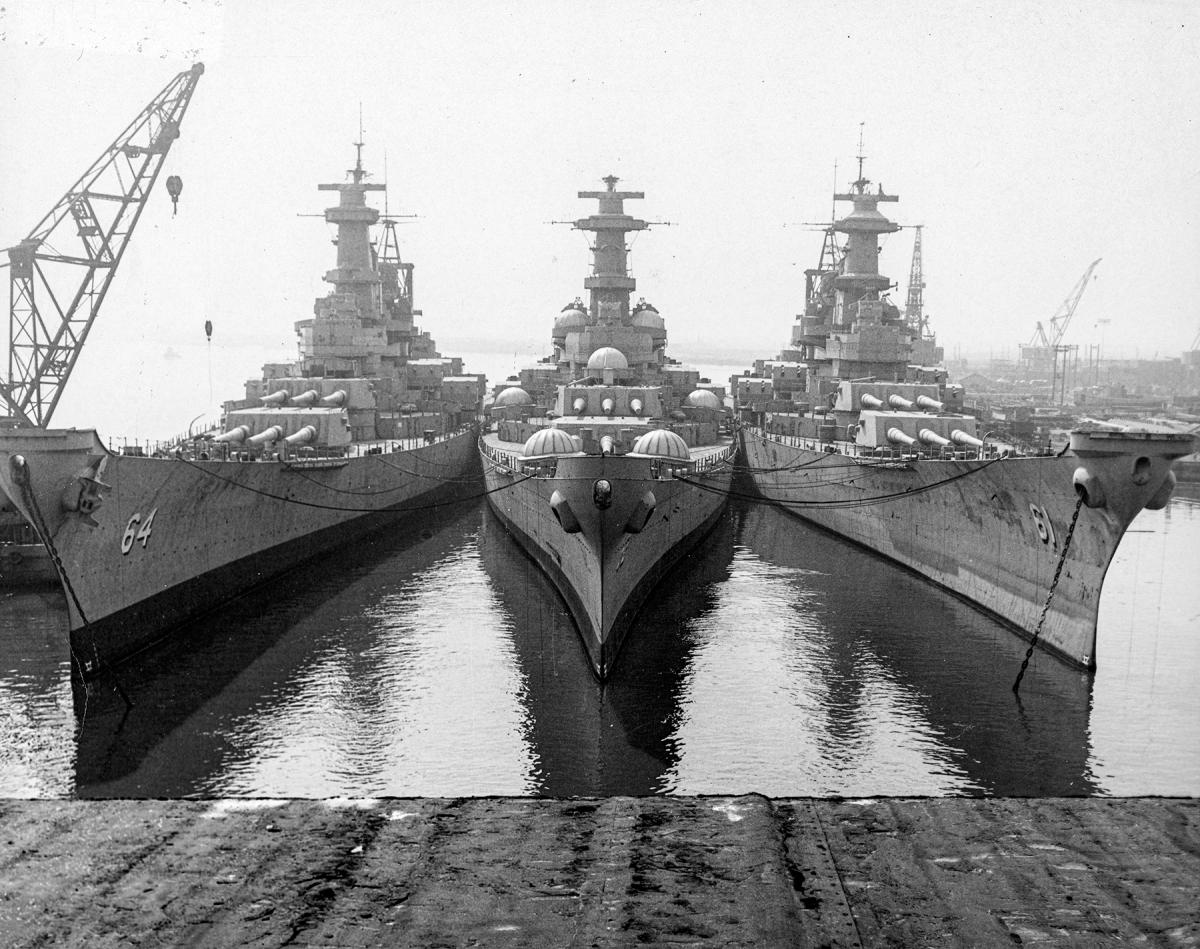 Bow-on view of three Iowa-class battleships in reserve