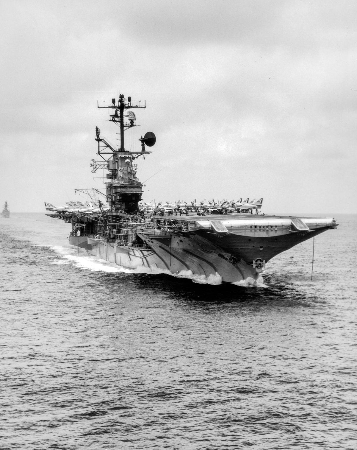 Starboard bow view of the USS Intrepid (CVS-11) underway