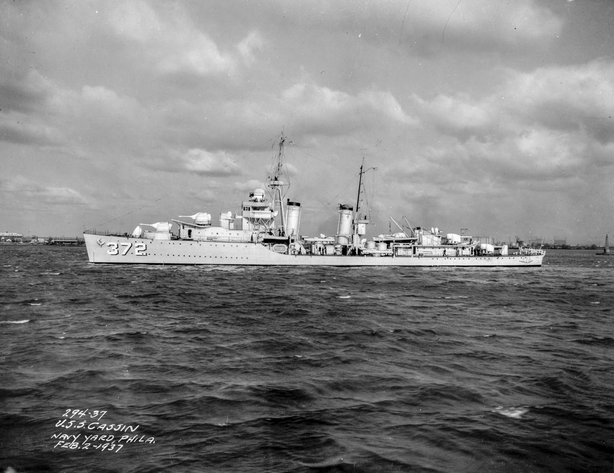 Port broadside surface view of USS Cassin (DD-372) after completion in 1937.