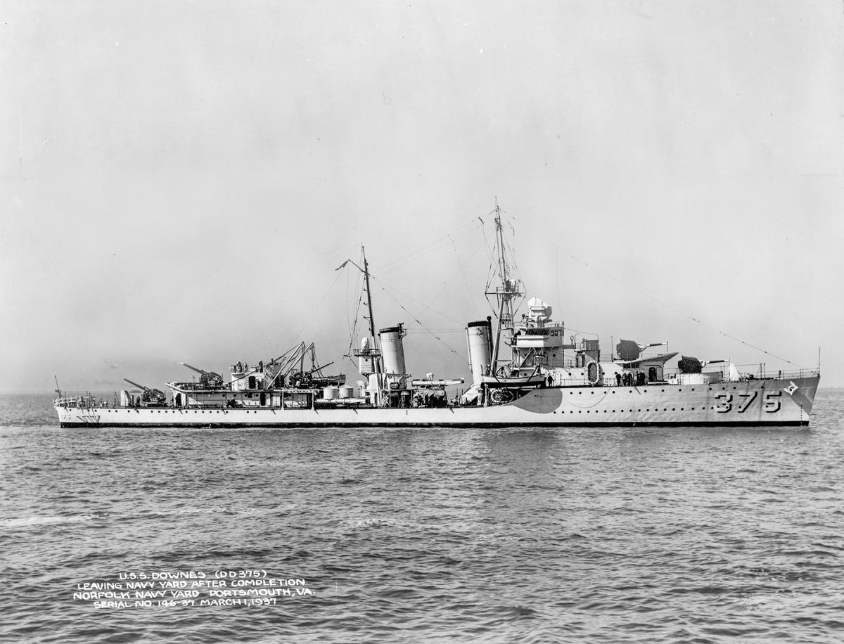 USS Downes (DD-375) leaving the Norfolk Navy Yard after completion in Portsmouth, VA in 1937