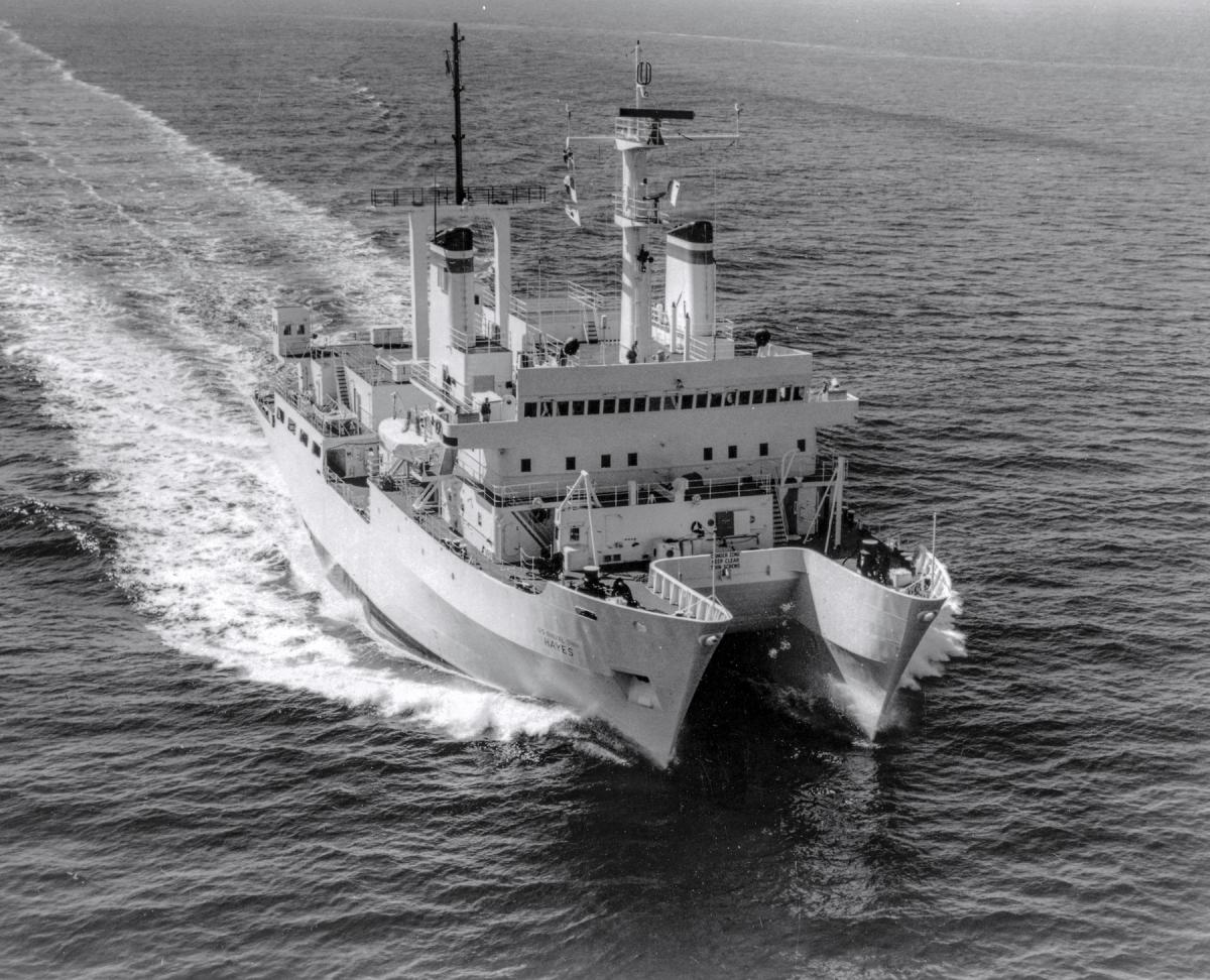Aerial starboard bow view of USNS Hayes (T-AGOR-16) underway