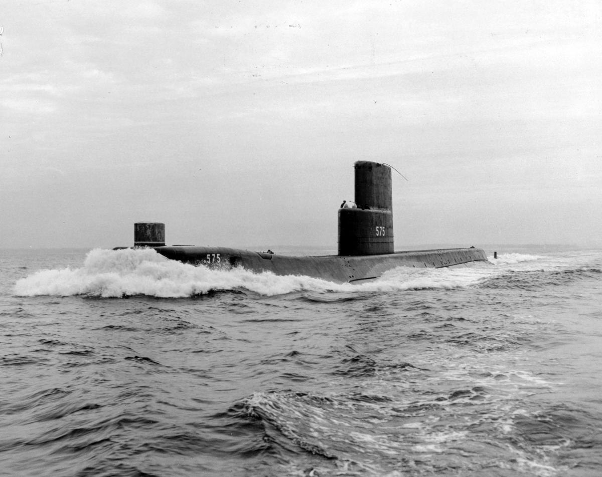 Surface port bow view of the USS Seawolf (SSN-575) underway