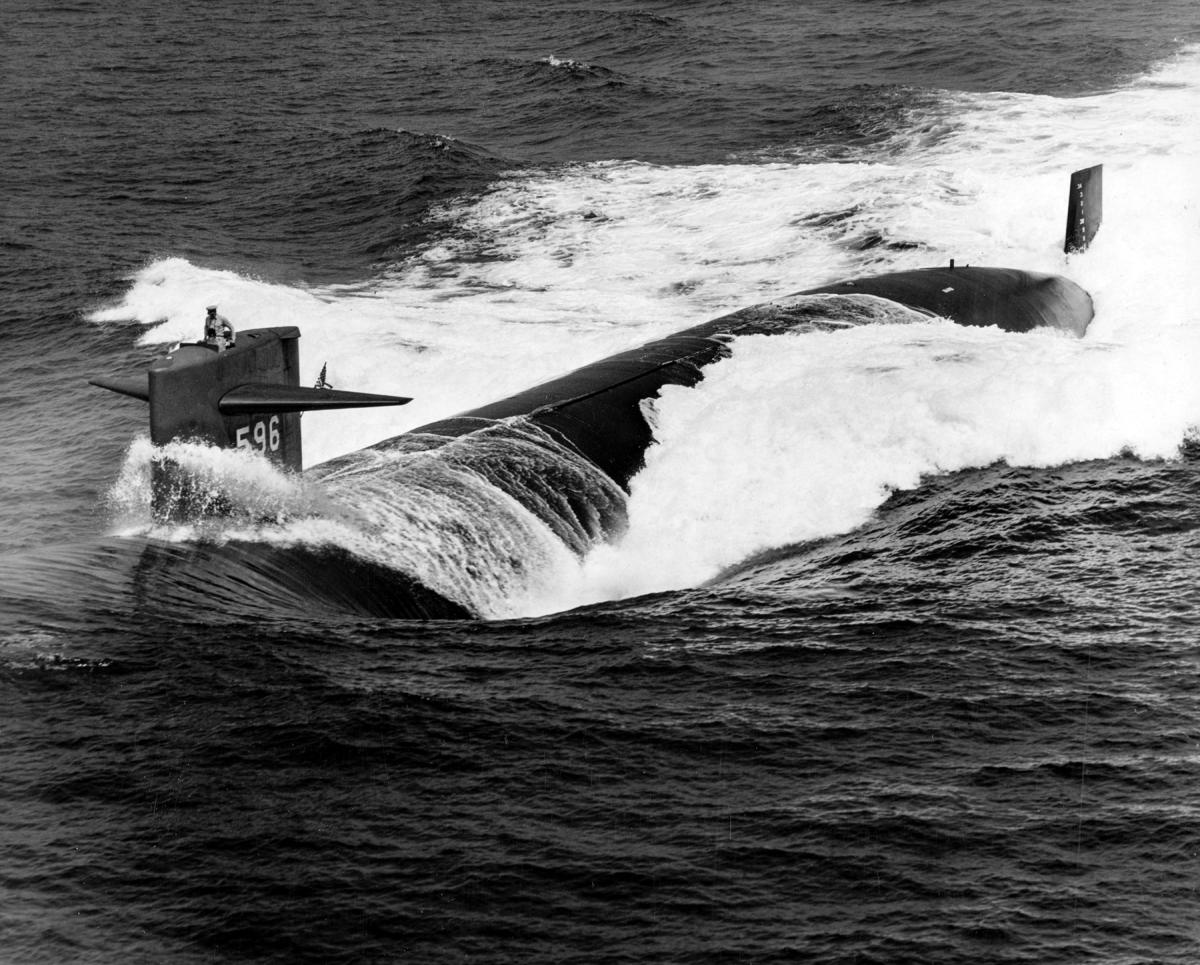 Aerial oblique port bow view of the USS Barb (SSN-596) underway