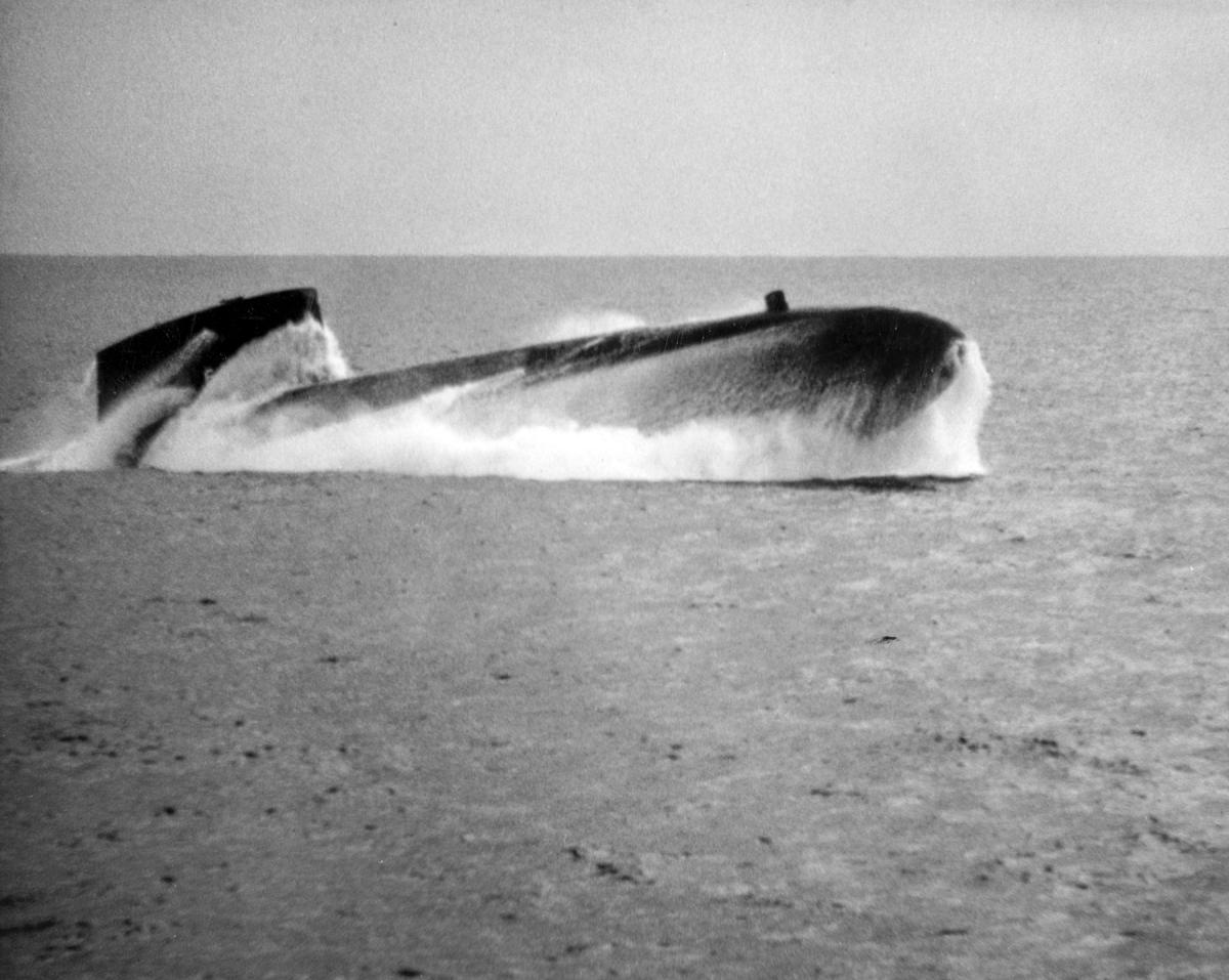 USS Nathan Hale (SSBN-623) breaking through the surface after performing a test emergency ascent