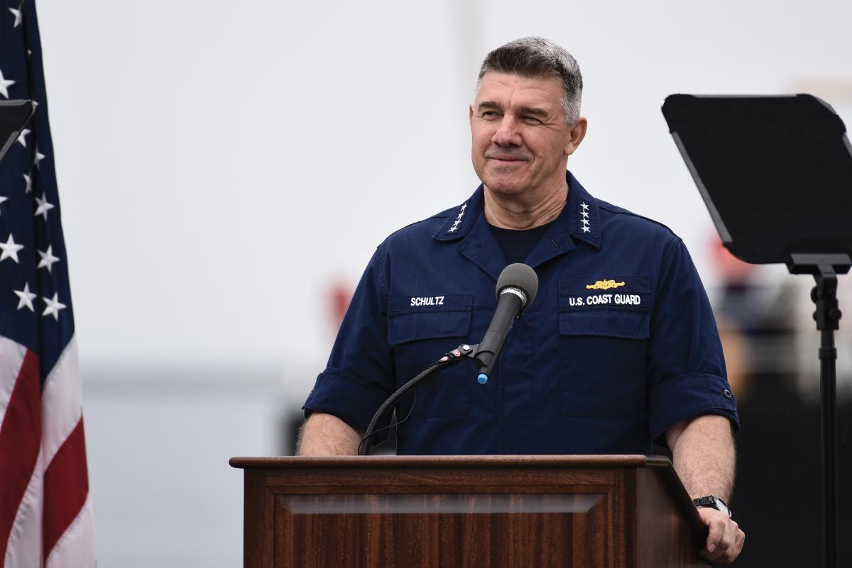 Adm. Karl Schultz, Coast Guard commandant, delivers the 2019 State of the Coast Guard Address at Coast Guard Base Los Angeles-Long Beach in San Pedro, California, March 21, 2019