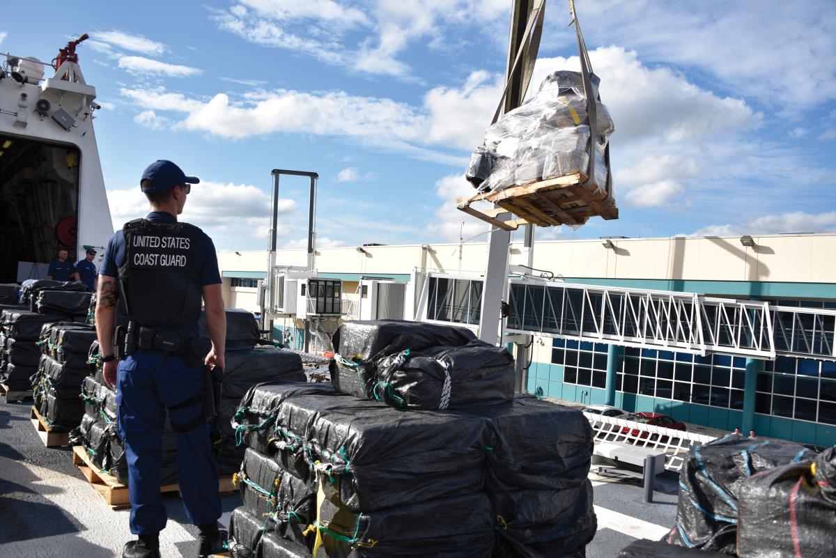 A pallet of interdicted cocaine being offloaded from the Coast Guard Cutter James (WMSL-754) by crane Nov. 15, 2018 in Port Everglades, Florida