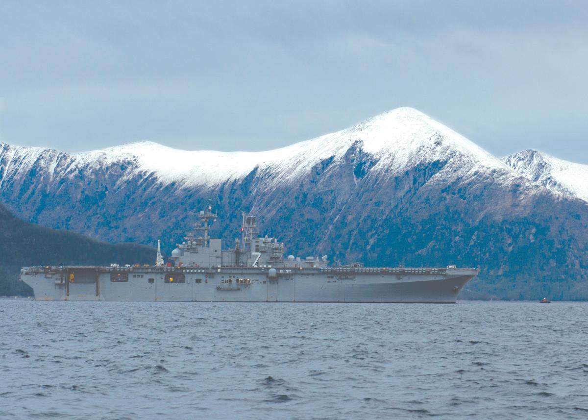 The Wasp-class amphibious assault ship USS Iwo Jima (LHD-7) transits the Alvund Fjord, Oct. 31, 2018