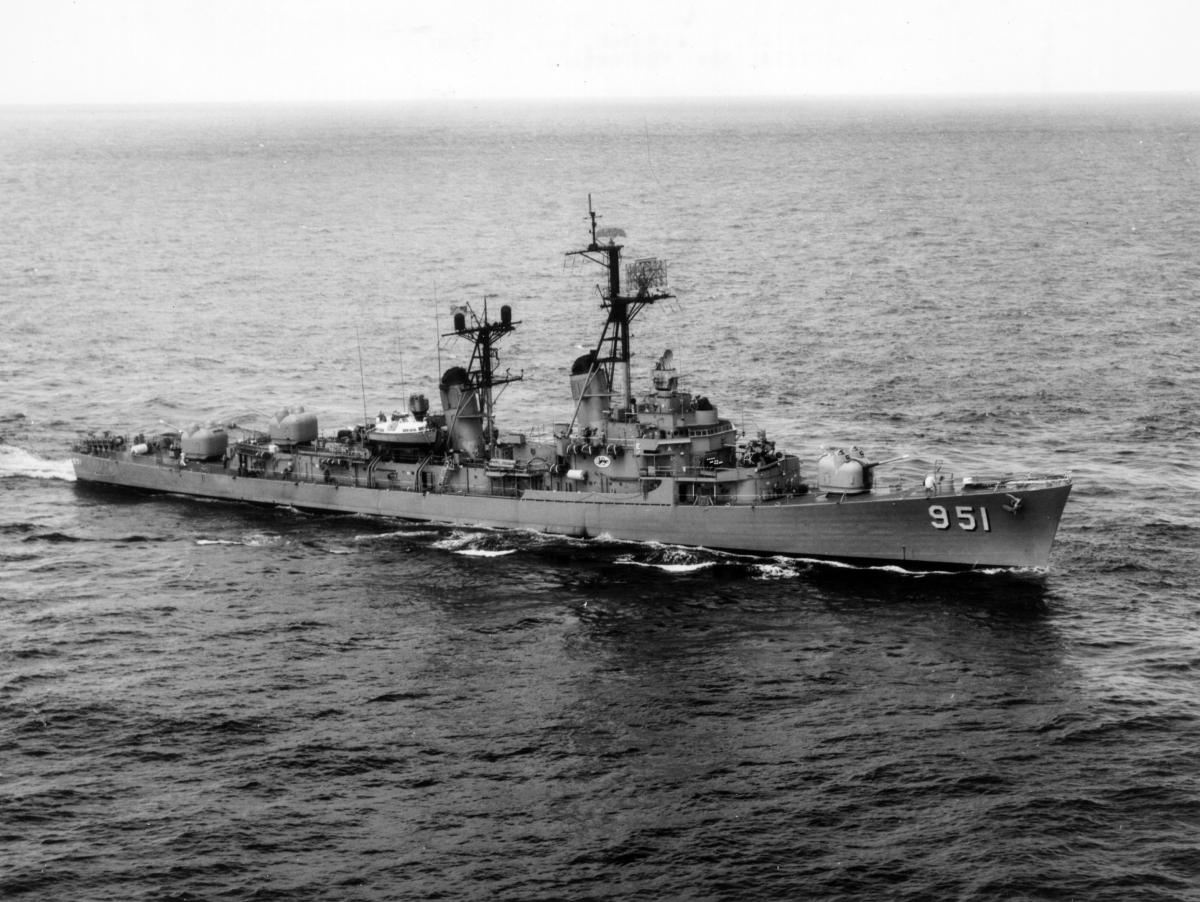 Aerial starboard view of the USS Turner Joy (DD-951) underway.