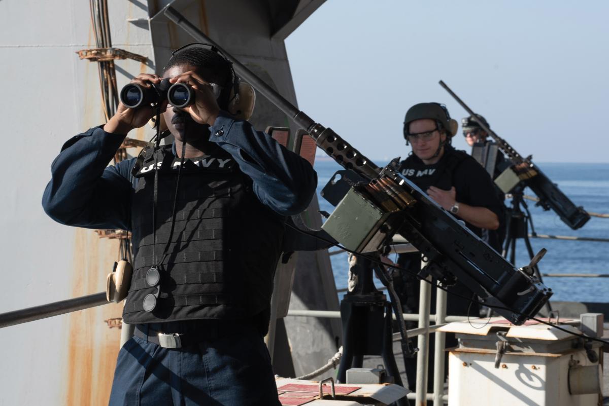 Sailors stand watch aboard the aircraft carrier USS John C. Stennis (CVN-74) during a transit of the Strait of Hormuz