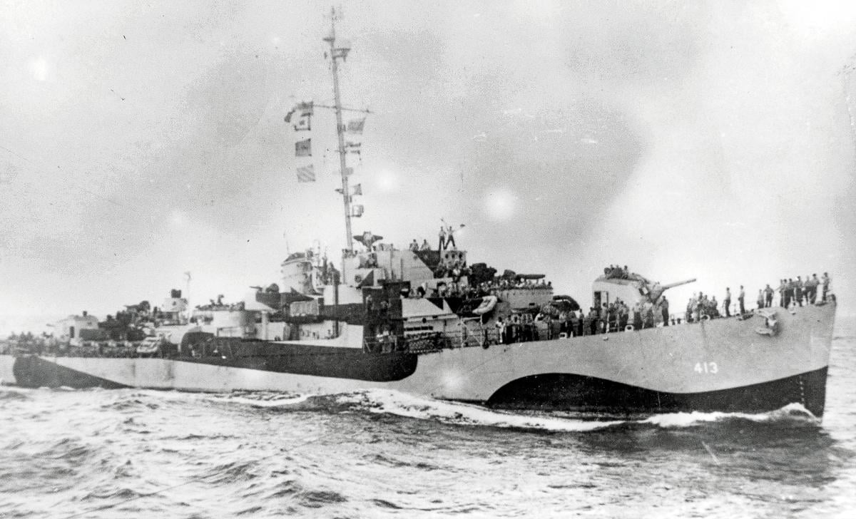 Starboard quarter view of the destroyer escort USS Samuel B. Roberts underway
