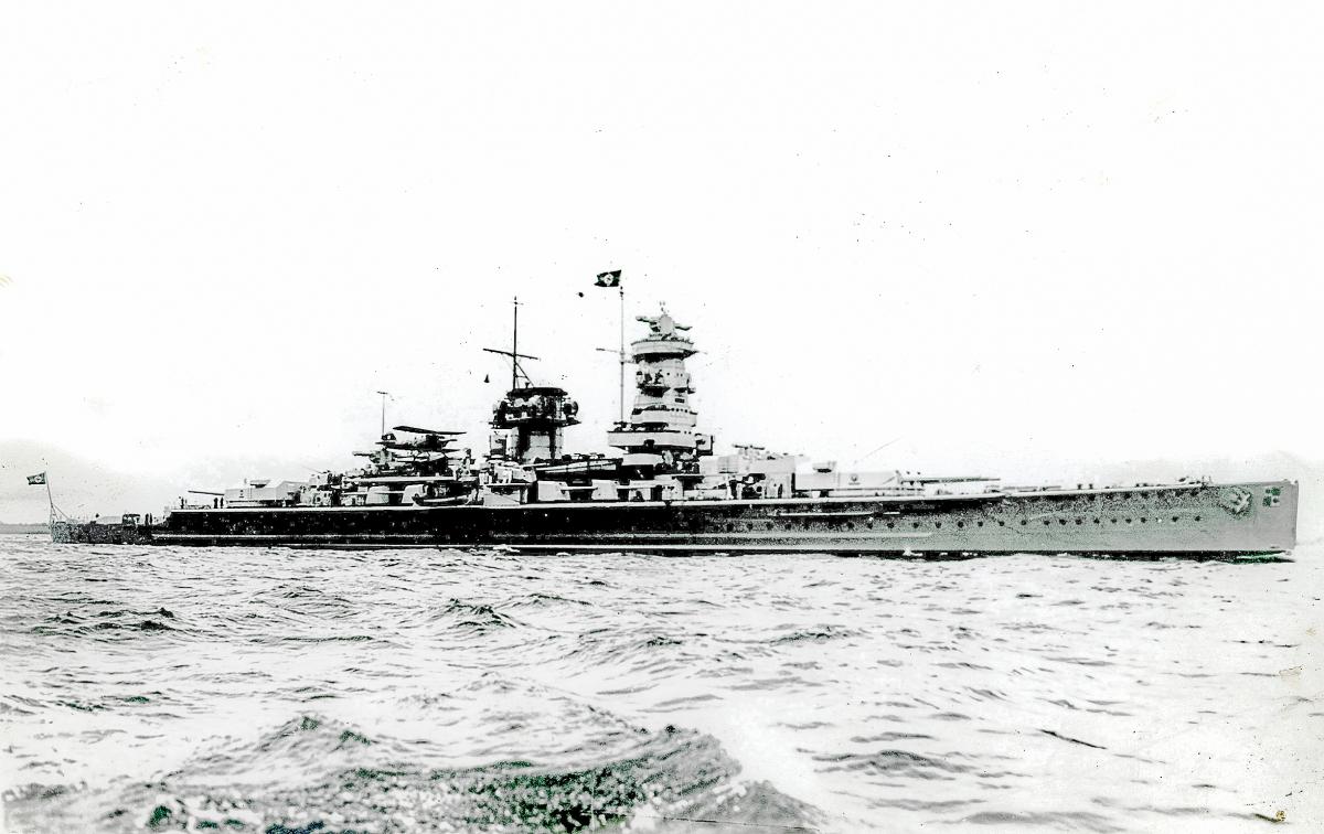 Starboard surface bow view of the German battleship Graf Spee