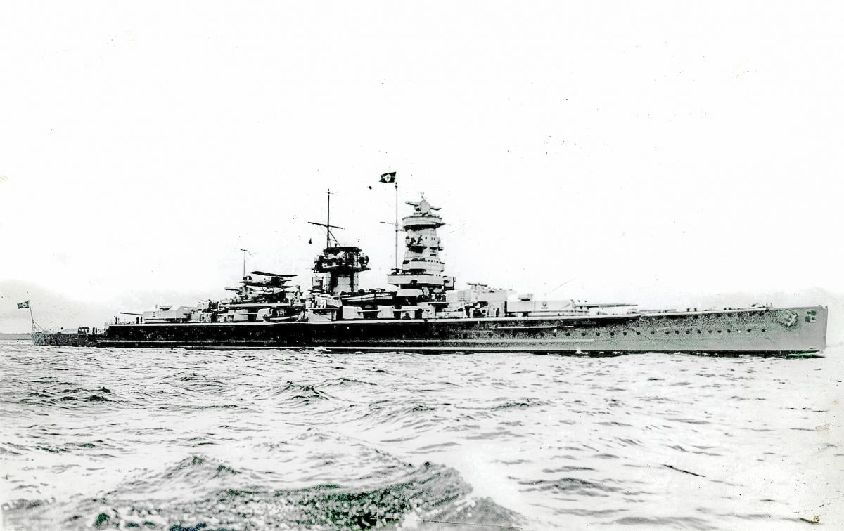 Starboard surface bow view of the German battleship Graf Spee