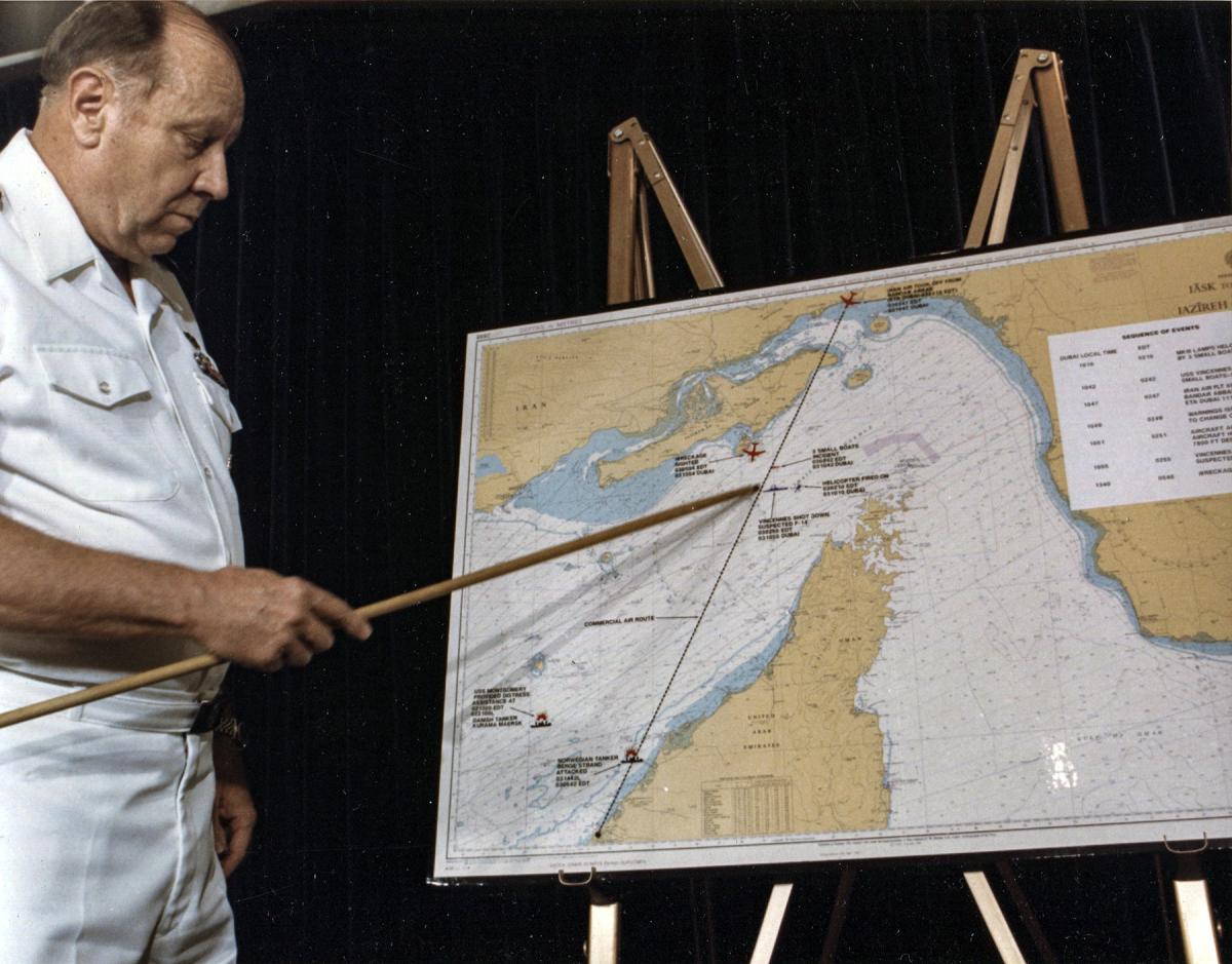 Admiral William J. Crowe Jr. briefing press on Iran AIr 655