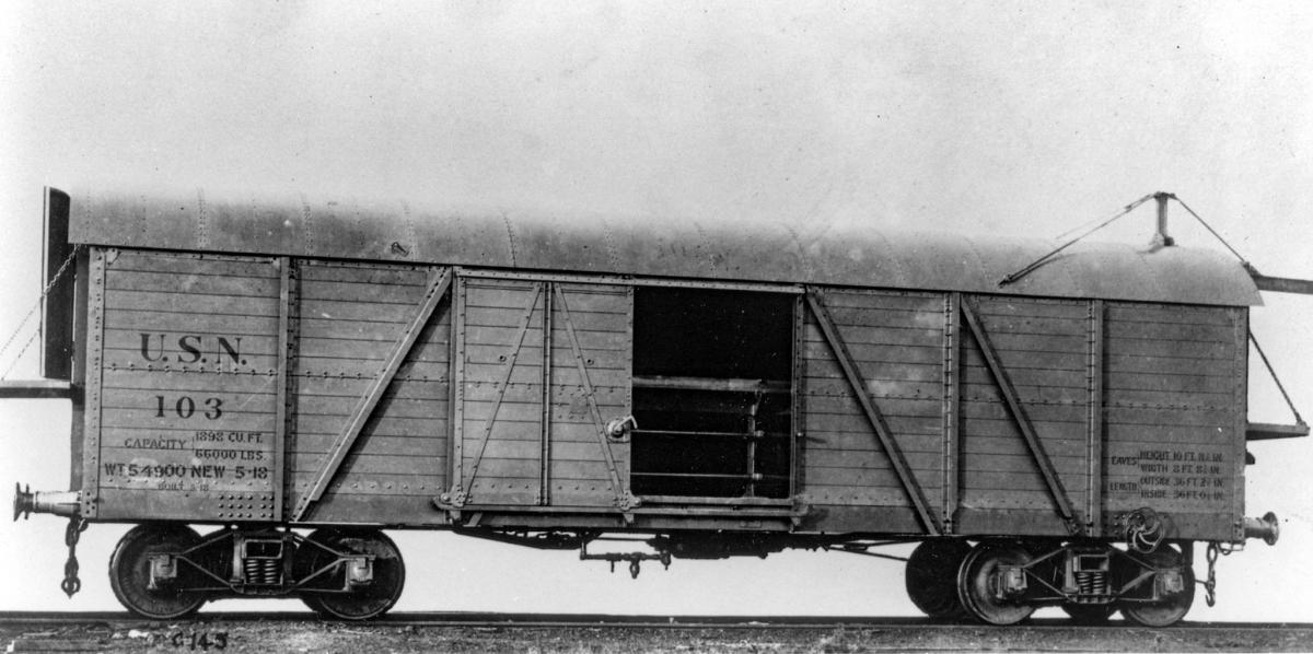 Exterior view of a 14-inch Naval railway battery ammunition car