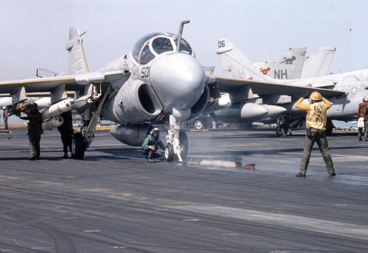 A-6 Intruder preparing to launch for Operation Praying Mantis