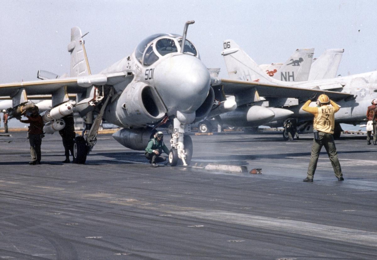 A-6 Intruder preparing to launch for Operation Praying Mantis