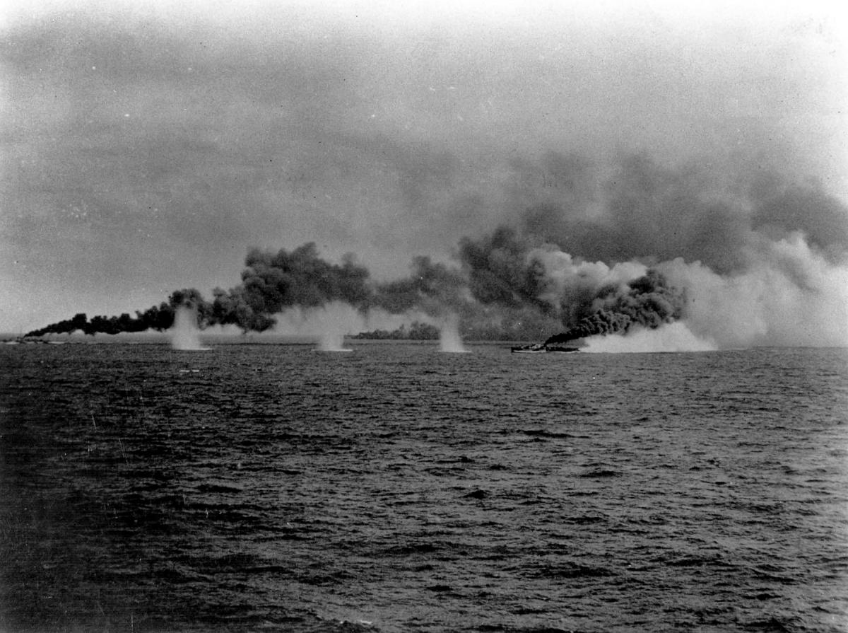 Destroyers laying a smoke screen during the Battle of Leyte Gulf