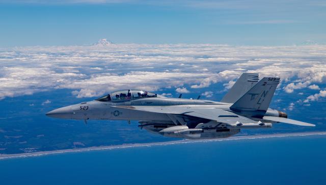 An EA-18G from Electronic Attack Squadron 135 during intercept drills. U.S. Navy (Austin Ingram)