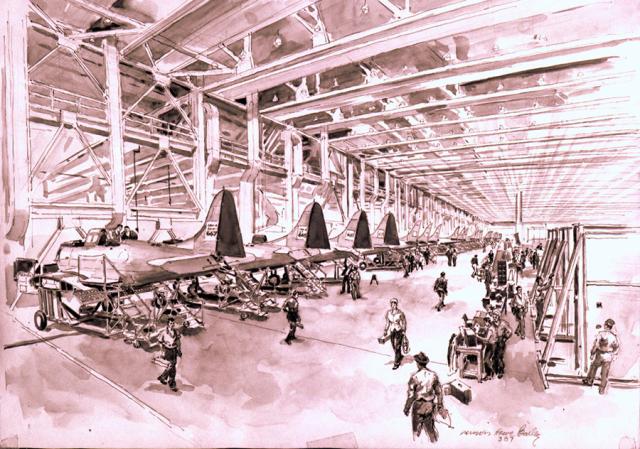 Artist's depiction of SBD Dauntless prodcution at the Douglas Plant in El Segundo, California