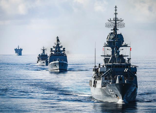 For the United States, rededication to the cause of great sea power must include sustaining alliances and partnerships. Here, ships from India, Australia, Japan, and the United States participate in Exercise Malabar 2020.