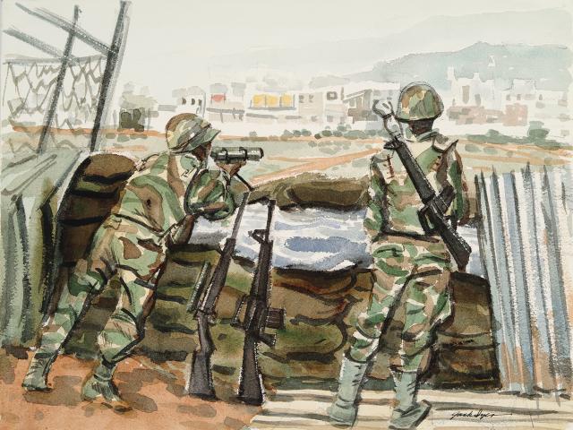 In this watercolor by Marine Corps Reserve Major John T. Dwyer Jr., a Marine sniper on the perimeter of Beirut International Airport scopes suspected sniper positions near the Café Danielle in 1983.