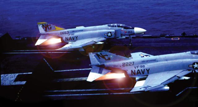 A pair of F4-Js from Fighter Squadron (VF) 92, Dosé’s squadron, and VF-96 are ready for launch from the Constitution’s waist catapults, circa 1972. The VF-92 “Silver Kings” had eight Yankee Station deployments during the Vietnam War before the unit was disestablished in late 1975. 