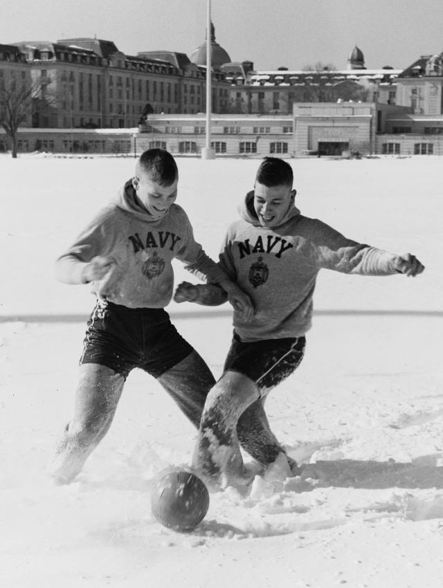 U.S. Naval Academy  midshipmen play snow soccer on  27 January 1966.