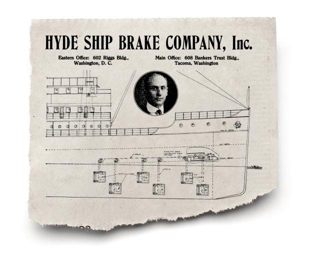 This portion of an advertisement for the Hyde Ship Brake published in December 1915 shows the more complex arrangement of John Hyde’s invention.