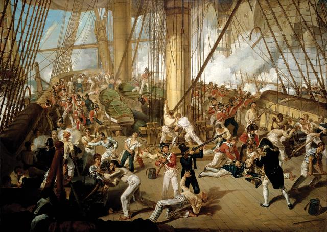 The painting Fall of Nelson depicts Royal Marines defending HMS Victory alongside the ship’s crew at the Battle of Trafalgar in October 1805. 