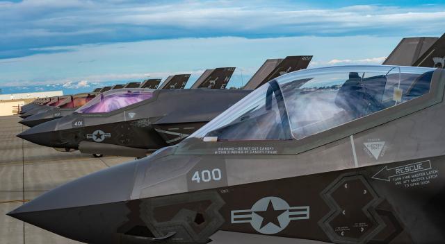 The Navy’s F-35C fleet is starting to take shape. The Argonauts of Strike Fighter Squadron 147  reached initial operating capability in 2019. Here, squadron jets are lined up at Naval Air Station Lemoore,  California. 